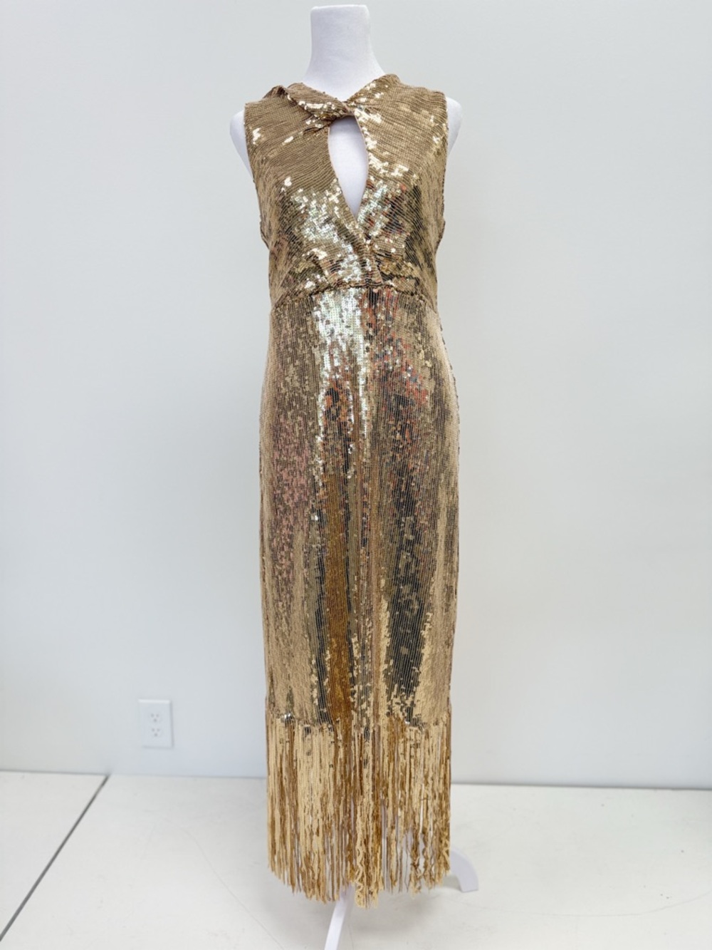 Mango Gold Sequin Fringe Evening Dress